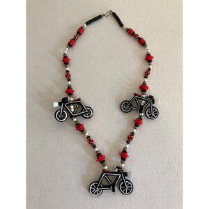 Handmade Bicycle Motorcycle Necklace Black White Red Hand Painted Wood